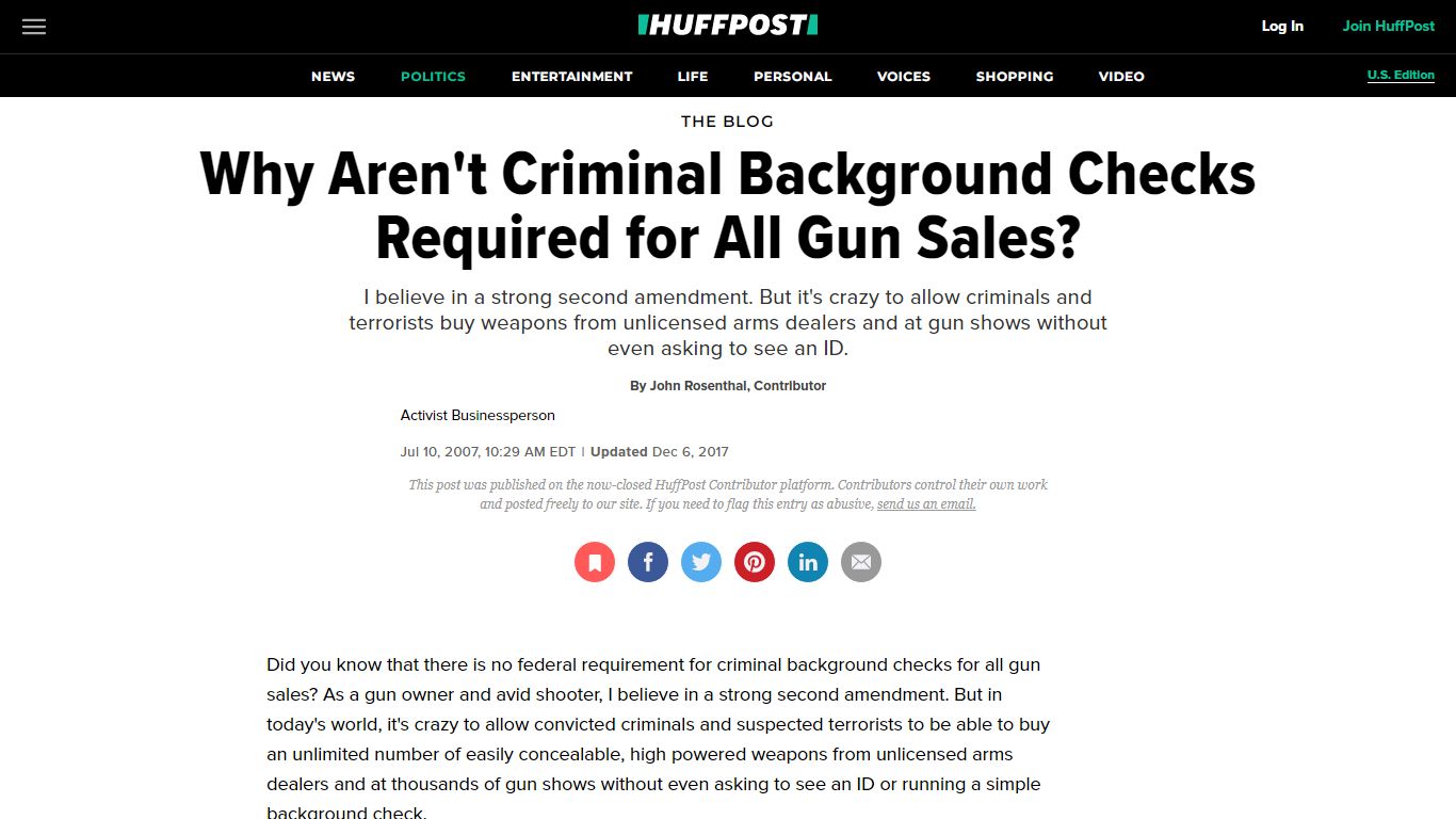 Why Aren't Criminal Background Checks Required for All Gun Sales?